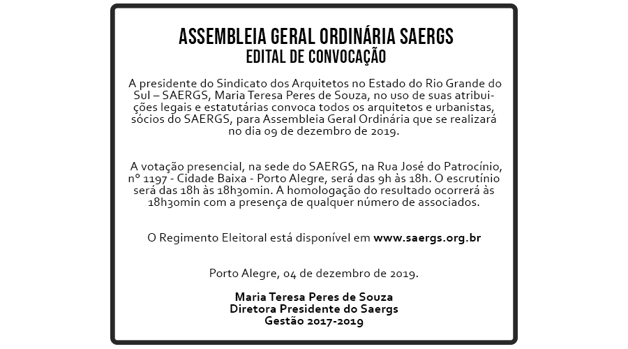 Presidente do Saergs convoca para eleições no dia 9 de dezembro